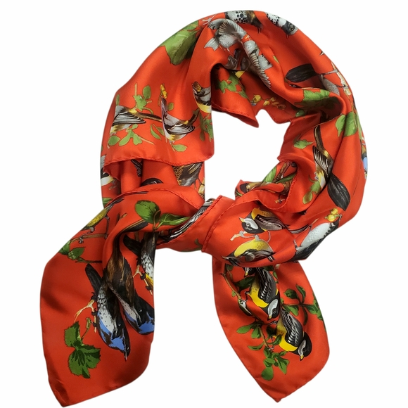 Accessories - 100% Silk Bird Print Scarf. 34" x 34". Orangish Red w/ Multicolor Birds